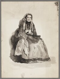 Riedel, Johanna: Sitzende Frau mit Tasse auf Untertasse in der Hand