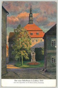 Lübben: Blick auf den neuen Schlossturm 1915 (Gemälde von Marie Elisabeth Moritz)