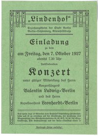 Einladung und Programm zum Konzert im Lindenhof in Berlin-Lichtenberg am 7. Oktober 1927