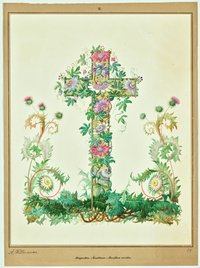 Kreuz von Disteln und Passionsblumen umrankt