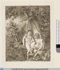 Satyr und Faun auf einem Baumstamm sitzend