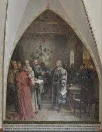 Wandbild: "Die Westfriesen tragen Herzog Albrecht dem Beherzten im Jahre 1498 die Regentschaft über Westfriesland an"