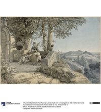 Felsige Landschaft, vorn eine junge Frau mit drei Kindern und Hund vor einem romanischen Portal