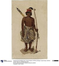 Guayra-Indianer mit Pfeil und Bogen. Ganze Figuer, stehend en face