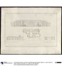 Sammlung architektonischer Entwürfe. Tafel 84 ( = Heft 12, Tafel 78, 1828): Potsdam. Zivilcasino. Grundriss, Aufriss und Schnitte