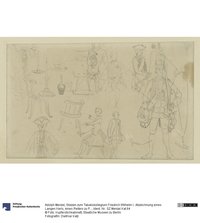 Skizzen zum Tabakskollegium Friedrich Wilhelm I.: Abzeichnung eines Langen Kerls, eines Reiters zu Pferde, des Kronprinzen Friedrich als Kadett