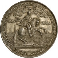 Medaille von Sebastian Dadler auf die 20-Jahrfeier der Eroberung Rigas durch Gustav Adolf von Schweden, 1641