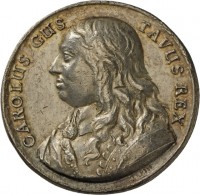 Medaille von Erich Parise auf die Übergabe der schwedischen Krone von Königin Christina von Schweden an Karl X. Gustav, 1654