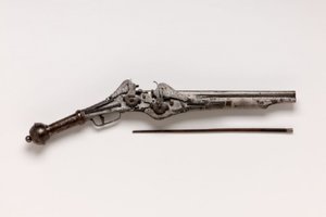 Doppelläufige Radschlosspistole mit Ladestock, um 1600