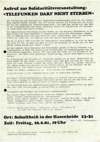 Flugschrift: Aufruf zur Solidaritätsveranstaltung: "Telefunken darf nicht sterben", 1981