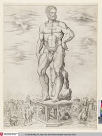 [Statue des Herkules Benavides auf einem Piedestal in antiker Landschaft, umgeben von Betrachtern und einem Zeichner]
