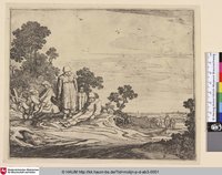 [Stehende Bäuerin neben einem sitzenden Bauern; Woman With a Basket and a Boy Standing near a Peasant Seated; Landschap met ruiters]