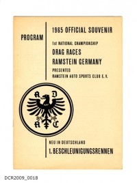 Programmheft, 1965 OFFICIAL SOUVENIR PROGRAM, 1st NATIONAL CHAMPIONSHIP, DRAG RACES RAMSTEIN GERMANY PRESENTED RAMSTEIN AUTO SPORTS CLUB E.V., 1. BESCHLEUNIGUNGSRENNEN