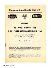 Programmheft, Ramstein Auto Sports Club e.V., PROGRAM, NATIONAL DRAGS 1966, 3. BESCHLEUNIGUNGSRENNEN 1966