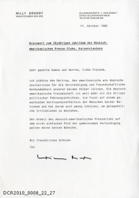 Grußwort von Willy Brandt zum 30-jährigen Jubiläum des Deutsch-Amerikanischen Presseclubs