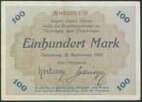 Notgeldschein der Stadt Merseburg "Einhundert Mark", No. 023363