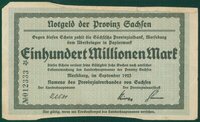 Notgeldschein der Provinz Sachsen "Einhundert Millionen Mark", No. 012333