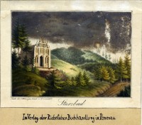 Holzstich des Gothehäuschens mit Sturzbach
